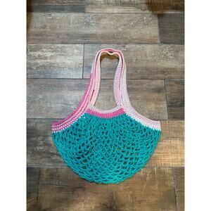 Handmade crochet mesh market bag blue with pink multi straps